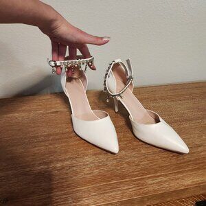 Pointed Toe Pumps High Heel Ankle Strap Dress Shoes Wedding Party Pump w/ Pearls